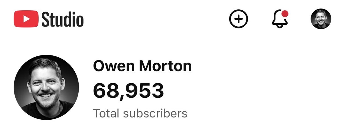 YouTube Studio: Owen Morton, 68,953 total subscribers